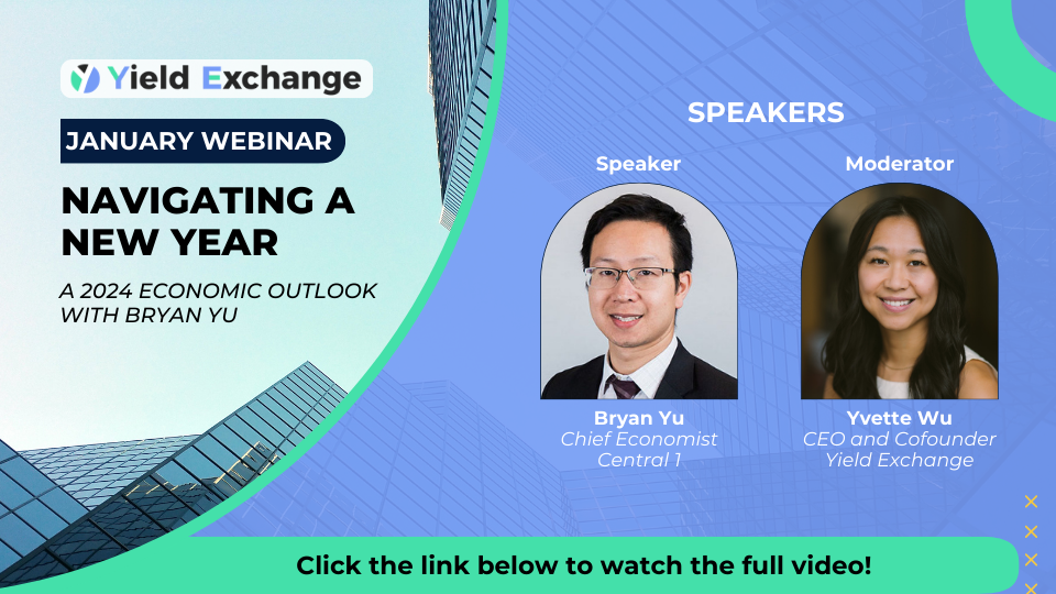 Yield Exchange CEO Yvette and Bryan Yu, over a blue background with the details of our recent webinar